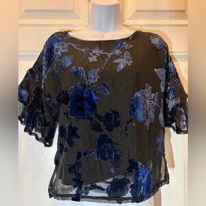 Lily White‎ Black Sheer Floral Burnout Top XS Blue Velvet Flowers Flutter Sleeve